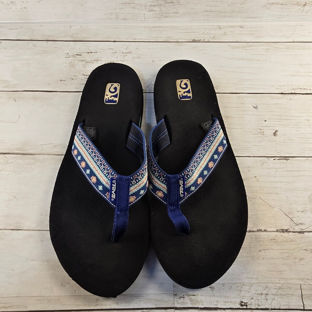 Teva Mush Flip Flops Womens 9 Blue Geometric Pattern Comfort Sandals 4193